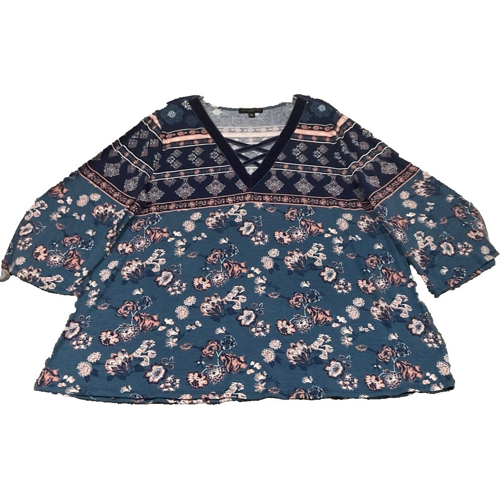 Signature Studio Women 1X Blue Floral Top Shirt Bell 3/4 Sleeve Boho